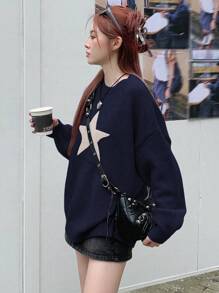 DAZY Hình sao Thả vai Áo len Oversized - Màu xanh hải quân - Xem 4