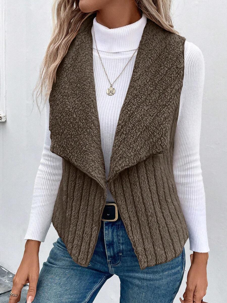 SHEIN Clasi Waterfall Collar Open Front Vest Coat - Coffee Brown - View 1