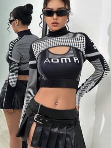 SHEIN Unity 女性半高領條紋短款上衣和字母圖案背心2入組/套 - 黑色 - 查看 3