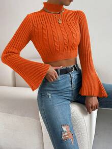 EURMUSE Mock Neck Cable Knit Crop Sweater - Orange - View 5