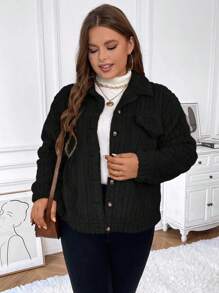 SHEIN Clasi 大碼落肩袖翻蓋細節毛絨夾克 - 黑色 - 查看 4