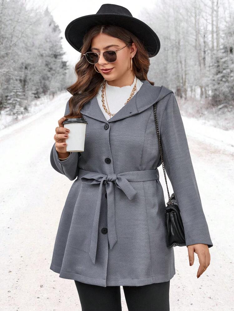 Plus Button Front Belted Overcoat Fall Cloth For Women