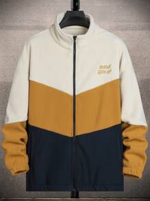 Gym Rark Boyfriend Style Men Colorblock Letter Embroidery Zip Up Sports Jacket Workout Tops - Multicolor - View 1