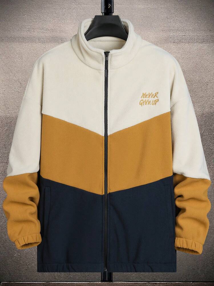 Boyfriend Style Men Colorblock Letter Embroidery Zip Up Sports Jacket Workout Tops