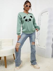SHEIN EZwear Của phụ nữ Hoạt hình gấu trúc In Vòng cổ Áo nỉ - Màu xanh Bạc hà - Xem 4