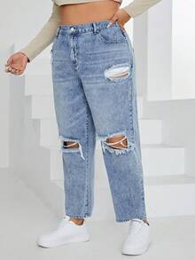 SHEIN EZwear Hơn Rách Quần jean Tapered - Rửa trung bình - Xem 5