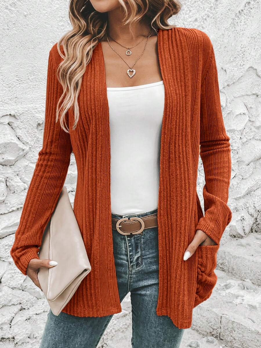 SHEIN LUNE Chất rắn Mở Mặt trước Vá Túi áo - Cà phê nâu - Xem 1