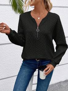 SHEIN Essnce 半拉鍊絞花針織衛衣 - 黑色 - 查看 6