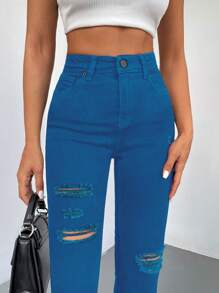 RueChic Ripped Skinny Jeans - Blue - View 5