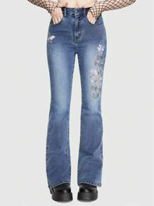ROMWE Fairycore Floral Embroidery Flare Leg Jeans