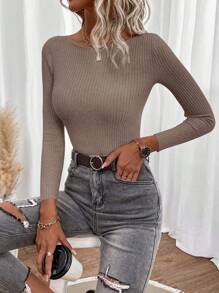 SHEIN Clasi Solid Color Boat Neck Sweater - Khaki - View 5