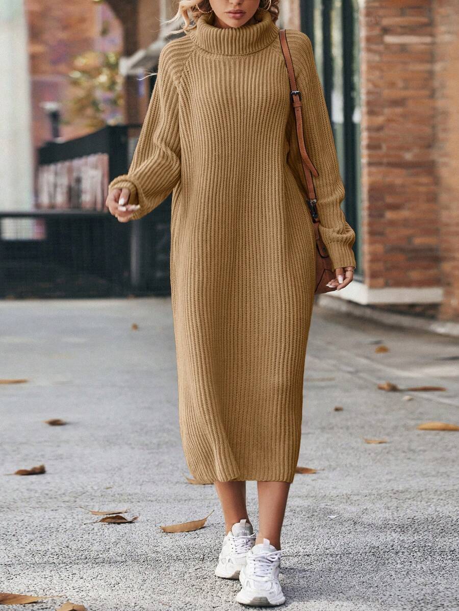 Cloudara Turtleneck Raglan Sleeve Ribbed Knit Sweater Dress - Camel - View 1