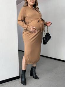 SHEIN 孕婦大碼前繫帶下擺開叉緊身洋裝 - 卡其色 - 查看 5