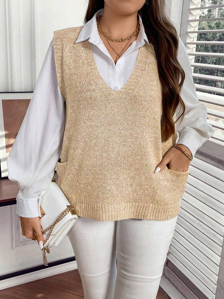 Celure 大碼前口袋段染毛衣背心不帶襯衫 - 黃色 - 查看 1