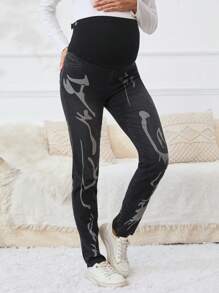 SHEIN Maternity Printed Jeans - Black - View 5