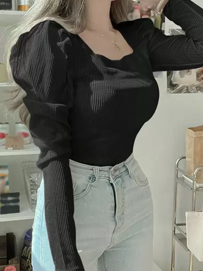 DAZY リブニット スクエアネック Tシャツ、秋服 長袖 レディーストップス かわいいトップス