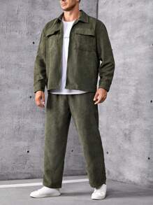 Manfinity Homme 男士大码翻蓋口袋燈芯絨夾克和褲子不帶T恤 - 綠色 - 查看 4