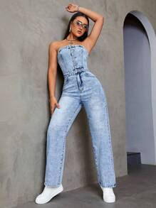 SHEIN ICON Strapless Denim Washed Jumpsuit - Light Wash - View 4