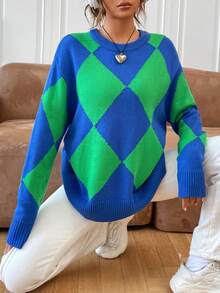 SHEIN EZwear Argyle Pattern Drop Shoulder Sweater - Royal Blue - View 6