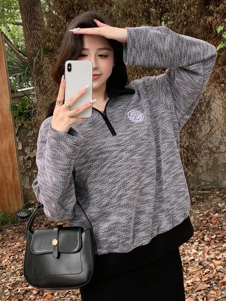 Graphic Print Drop Shoulder Marled Knit Sweatshirt,Fall Clothes
