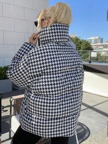 Houndstooth Print Padded Coat - Black and White - View 2