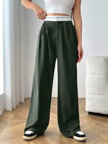 SHEIN EZwear Contrast Waist Wide Leg Suit Pants - Army Green - View 1