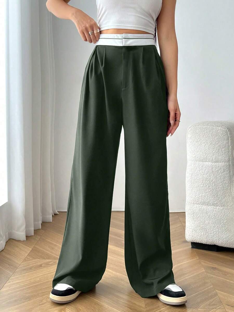 SHEIN EZwear Contrast Waist Wide Leg Suit Pants - Army Green - View 1