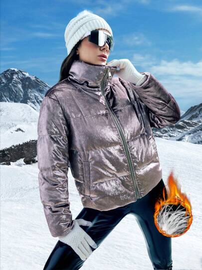 SHEIN LUNE Zip Up Slant Pocket Zip Up Padded Coat Fall Cloth For Women