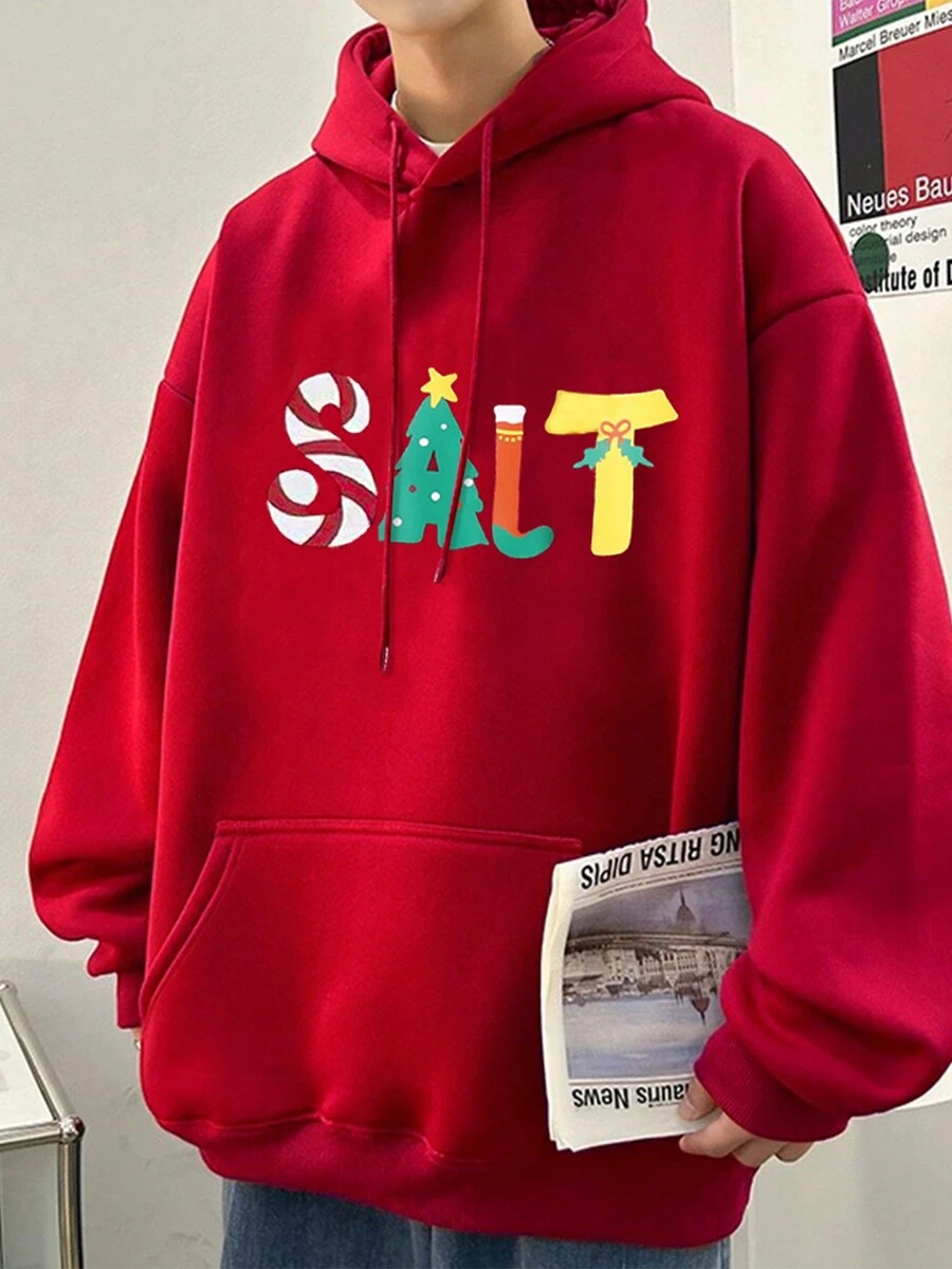男士寬鬆卡通字母印花連帽衫,附袋鼠口袋和抽繩 - 紅色 - 查看 1
