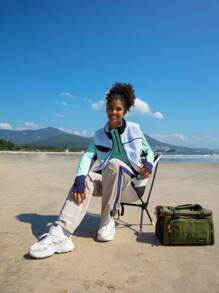 In My Nature Letter Graphic Colorblock Zip Up Fleece Vest - White - View 3