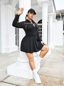 SHEIN Tennis Basic Hơn Dây kéo phía trước Tương phản ràng buộc Thể thao Đầm - màu đen - Xem 4