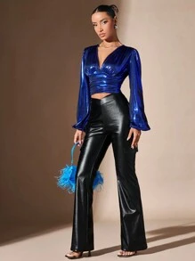 SHEIN BAE V領燈籠袖褶邊短款上衣 - 寶藍色 - 查看 3