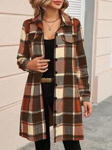 EMERY ROSE 格紋印花翻蓋細節前紐扣外套 - 鏽棕色 - 查看 5