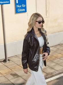 SHEIN Essnce 女款人造皮革長袖夾克外套 - 棕色 - 查看 6