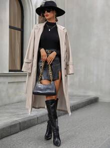 SHEIN Essnce 雙排釦腰帶PU皮革風衣外套 - 杏色 - 查看 3