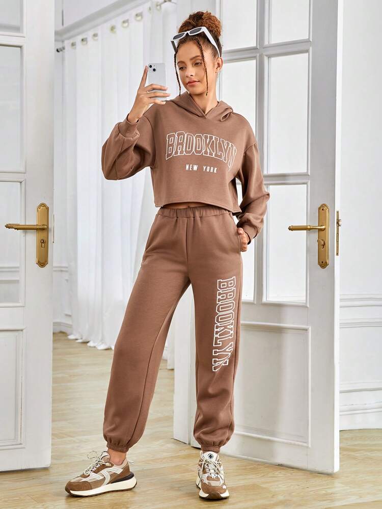 Teen Girl Letter Graphic Drop Shoulder Hoodie & Sweatpants