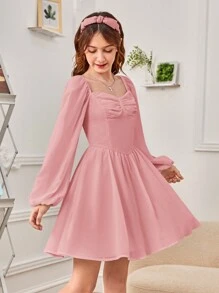 SHEIN Teen Girl Sweetheart Neck Ruched Bust Lantern Sleeve Dress