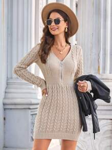 SHEIN Privé Cable Knit Zip Front Bodycon Sweater Dress - Apricot - View 3