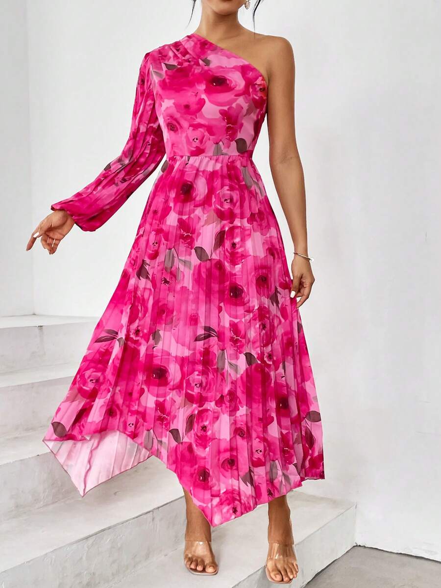 SHEIN Privé Váy in hoa một bên tay áo đèn lồng xếp li - Hồng - Xem 1