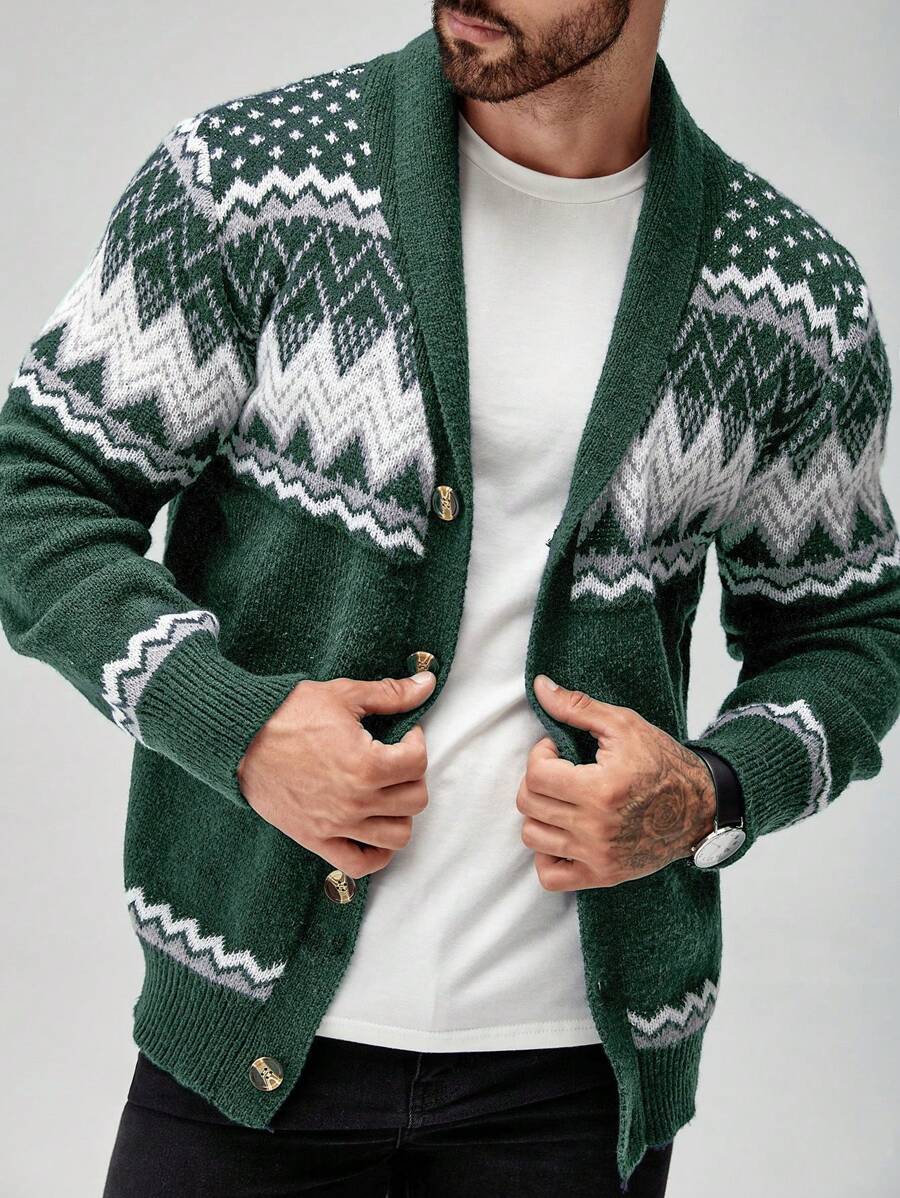 Manfinity Nam In Khăn quàng cổ Áo len Mở Với Mẫu - Màu xanh lá cây đậm - Xem 1