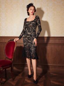 SHEIN DECDS 女款復古蕾絲美人魚洋裝適合聖誕派對 - 黑色 - 查看 7