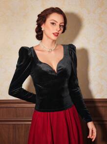 SHEIN DECDS Áo thun tay cổ chân cừu màu trơn dành cho người yêu - màu đen - Xem 3