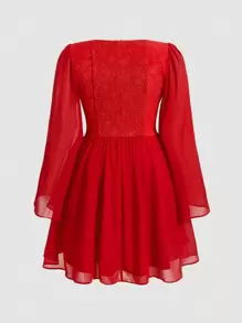 SHEIN MOD 大碼雞心領口荷葉袖洋裝 - 紅色 - 查看 2