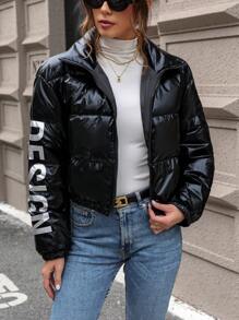 SHEIN LUNE Của phụ nữ Tay áo dài Áo lông Jacket  Với In thư - màu đen - Xem 1