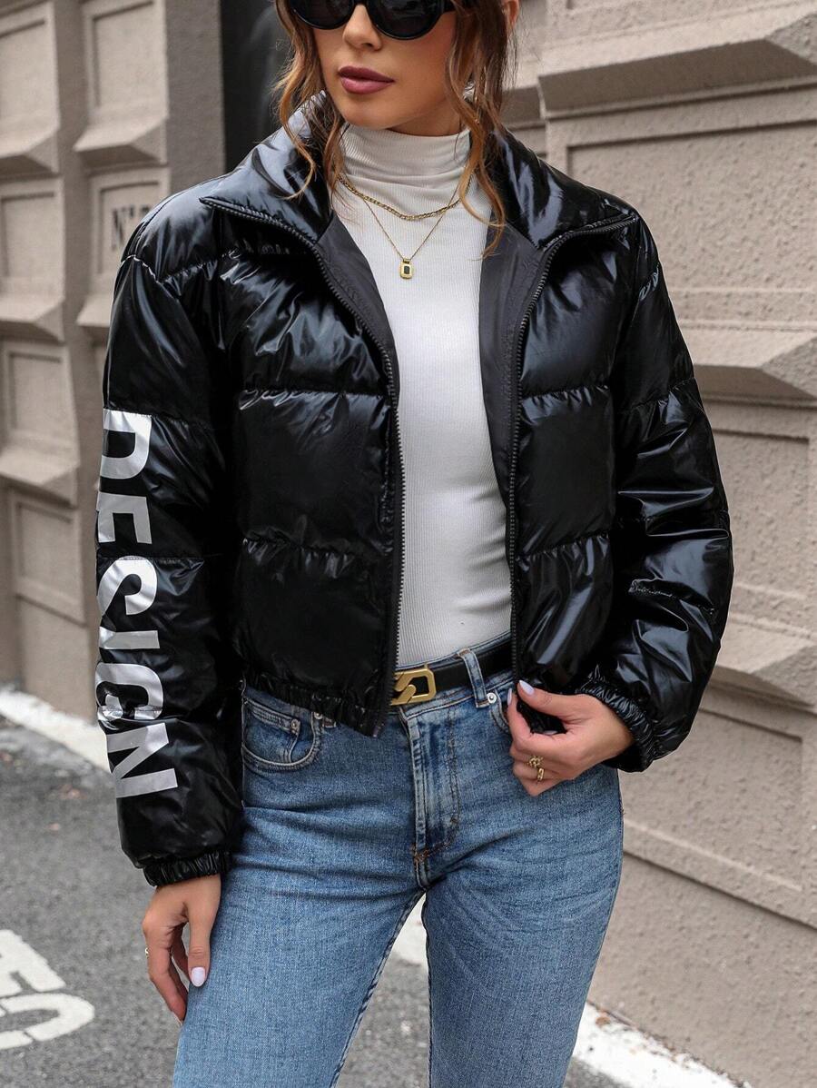 SHEIN LUNE Của phụ nữ Tay áo dài Áo lông Jacket  Với In thư - màu đen - Xem 1