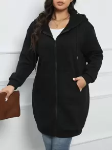 SHEIN EZwear Plus Size Zip Up Drop Shoulder Drawstring Sweatshirt Graduation,Back To School,Graduation,Teacher For Women,Back To School Pullover Fall Sweatshirt - Black - View 5