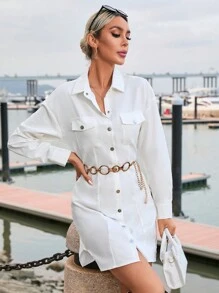 SHEIN Privé 翻蓋口袋落肩袖襯衫洋裝 - 白色 - 查看 3