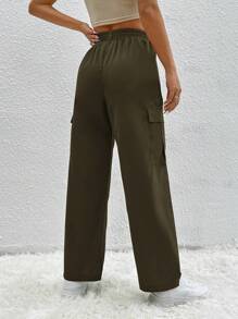 SHEIN PETITE Flap Pocket Cargo Long Pants - Dark Green - View 2