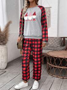 SHEIN LUNE Christmas and Gingham Print Raglan Sleeve Tee & Sweatpants - Multicolor - View 5