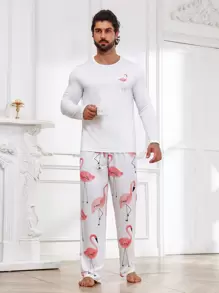 Men Flamingo Print PJ Set / Pajama Set - White - View 1